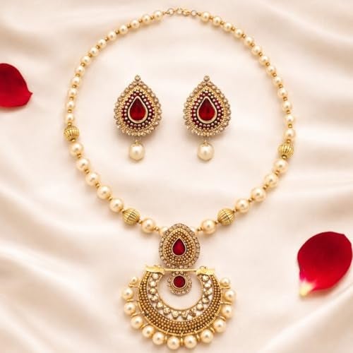 ACCESSHER Women’s Gold Plated Elegant Traditional Pearl and Maroon Kundan Pendant Necklace & Matching Earrings Set for Special Occasions, Wedding and Festivals - Image 2