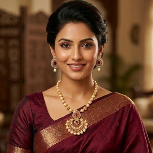 ACCESSHER Women’s Gold Plated Elegant Traditional Pearl and Maroon Kundan Pendant Necklace & Matching Earrings Set for Special Occasions, Wedding and Festivals - Image 4