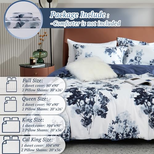 MILDLY 100% Long Staple Cotton Duvet Cover Set Navy Blue Leaves Printed Comforter Cover Set Watercolor Plant Floral Reversible - Image 4