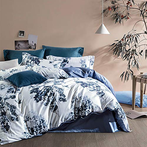 MILDLY 100% Long Staple Cotton Duvet Cover Set Navy Blue Leaves Printed Comforter Cover Set Watercolor Plant Floral Reversible - Image 1