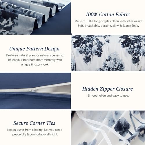 MILDLY 100% Long Staple Cotton Duvet Cover Set Navy Blue Leaves Printed Comforter Cover Set Watercolor Plant Floral Reversible - Image 3