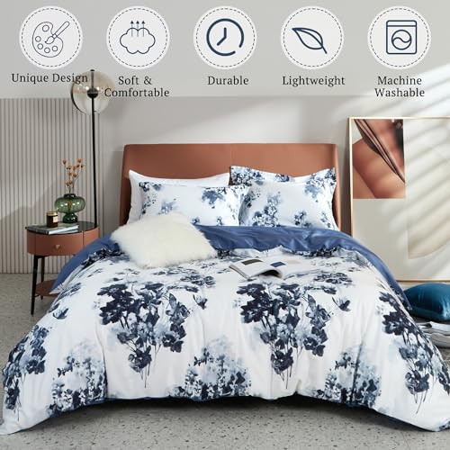 MILDLY 100% Long Staple Cotton Duvet Cover Set Navy Blue Leaves Printed Comforter Cover Set Watercolor Plant Floral Reversible - Image 2