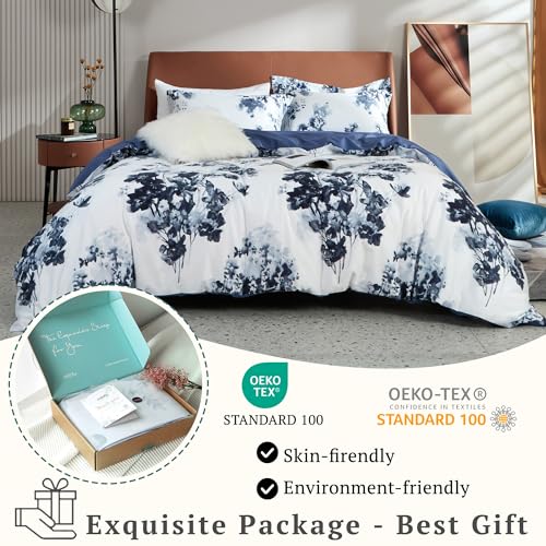 MILDLY 100% Long Staple Cotton Duvet Cover Set Navy Blue Leaves Printed Comforter Cover Set Watercolor Plant Floral Reversible - Image 5