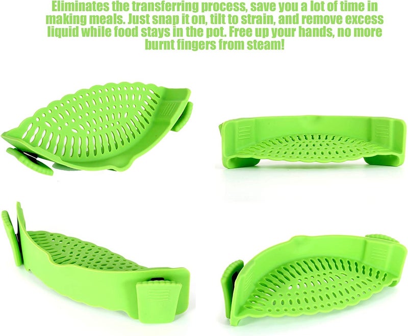 BeFunky Snap N Strain Pot Strainer and Pasta Strainer Adjustable Silicone Clip On Strainer for Pots Pans and Bowls Green 9 x 3 x 22 inches - Image 2