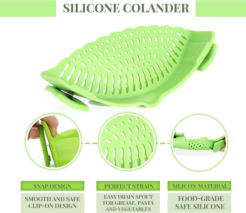BeFunky Snap N Strain Pot Strainer and Pasta Strainer Adjustable Silicone Clip On Strainer for Pots Pans and Bowls Green 9 x 3 x 22 inches - Image 3