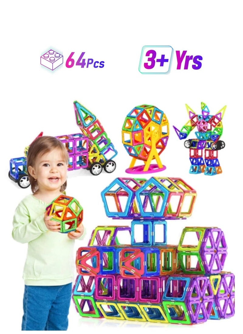 YelaJoy 64 Pieces Educational Magnetic Color Tile Geometry Magnetic Building Blocks Playset Durable and Sturdy  - Image 1