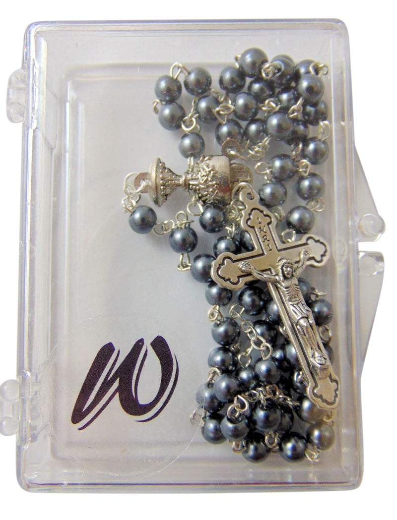 Westman Works First Holy Communion Rosary Hematite Beads with Metal Crucifix & Center Made in Italy - Image 2