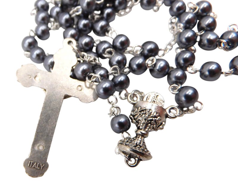 Westman Works First Holy Communion Rosary Hematite Beads with Metal Crucifix & Center Made in Italy - Image 4