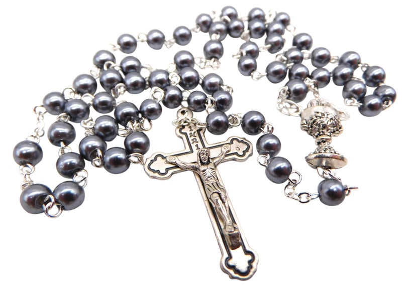 Westman Works First Holy Communion Rosary Hematite Beads with Metal Crucifix & Center Made in Italy - Image 5