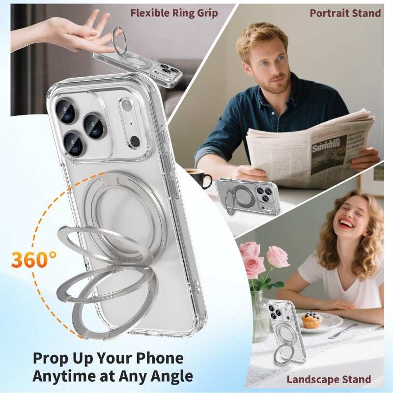 ACESTAR 360Â° Magnetic Stand Case Compatible with iPhone 17 Pro, Rotatable Flexible Ring Holder Phone Cover for Men Women | Compatible with MagSafe | Shockproof & Anti-Scratch | Anti-Yellowing Clear - Image 5