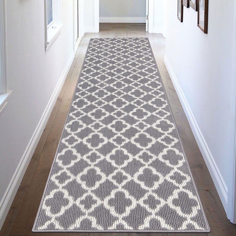 UArtlines Long Runner Rug for Hallway 28feet Non Slip Kitchen Floor Carpet Runners Grey Geometric Pattern Machine Washable Area Rug for Entryway Bathroom