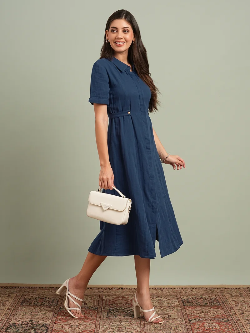 جلو باص Women Blue Collared Neck Short Sleeves Solid Midi Workwear Shirt Dress