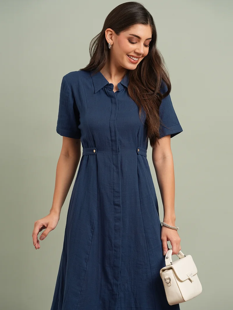 جلو باص Women Blue Collared Neck Short Sleeves Solid Midi Workwear Shirt Dress