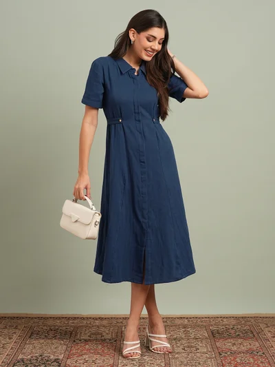 جلو باص Women Blue Collared Neck Short Sleeves Solid Midi Workwear Shirt Dress