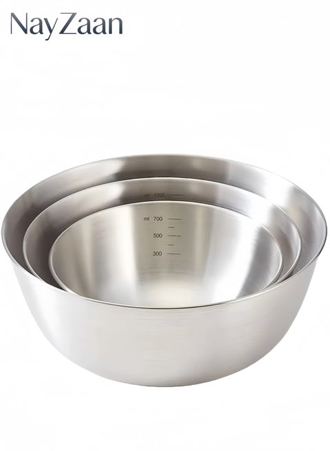 3-Piece 304 Stainless Steel Mixing Bowls (700ml+1200ml+2000ml) – With Internal Measurement Marks, Ideal For Beating Eggs, Kneading Dough, Fruit Salad, Vegetable Prep & Baking
