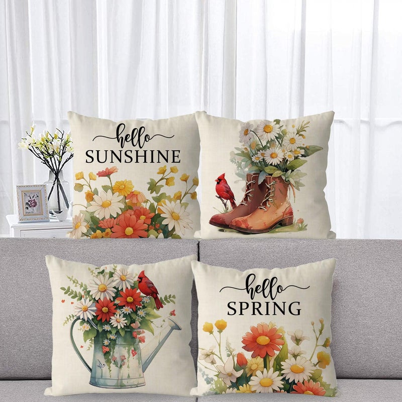 GAGEC Spring Pillow Covers 18x18 Inch Set of 4 Cardinal Floral Throw Pillowcase Hello Sunshine Home Sofa Bedroom Living Room Holiday Cushion Case Farmhouse Decorations - Image 2
