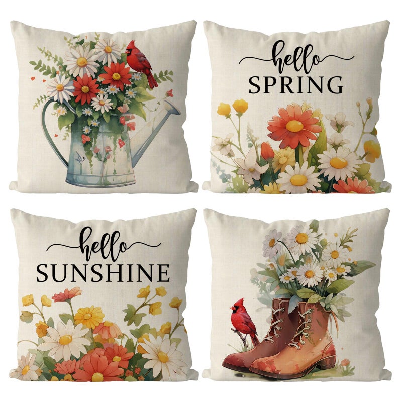 GAGEC Spring Pillow Covers 18x18 Inch Set of 4 Cardinal Floral Throw Pillowcase Hello Sunshine Home Sofa Bedroom Living Room Holiday Cushion Case Farmhouse Decorations - Image 1