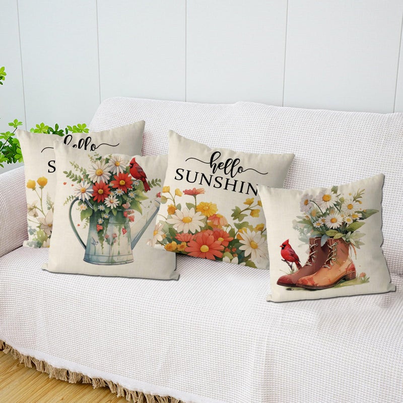 GAGEC Spring Pillow Covers 18x18 Inch Set of 4 Cardinal Floral Throw Pillowcase Hello Sunshine Home Sofa Bedroom Living Room Holiday Cushion Case Farmhouse Decorations - Image 5