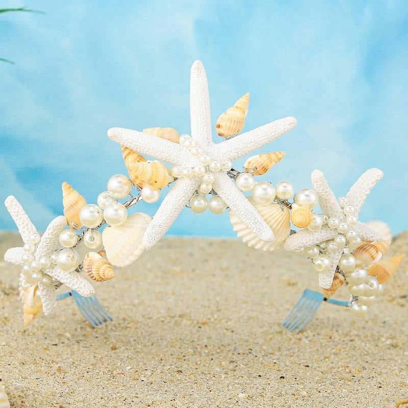 Unicra Starfish Crown and Tiaras Silver Pearl Bridal Headband Beach Headpiece Wedding Hair Accessories for Women and Girls - Image 2