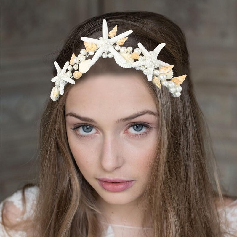 Unicra Starfish Crown and Tiaras Silver Pearl Bridal Headband Beach Headpiece Wedding Hair Accessories for Women and Girls - Image 3
