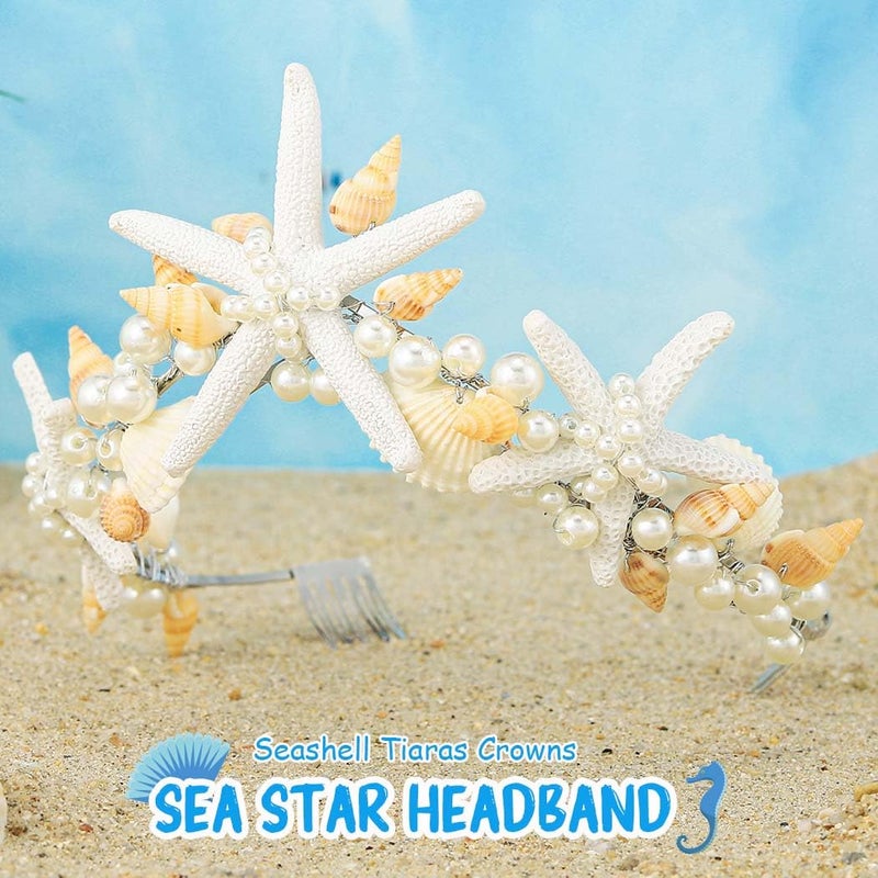 Unicra Starfish Crown and Tiaras Silver Pearl Bridal Headband Beach Headpiece Wedding Hair Accessories for Women and Girls - Image 4