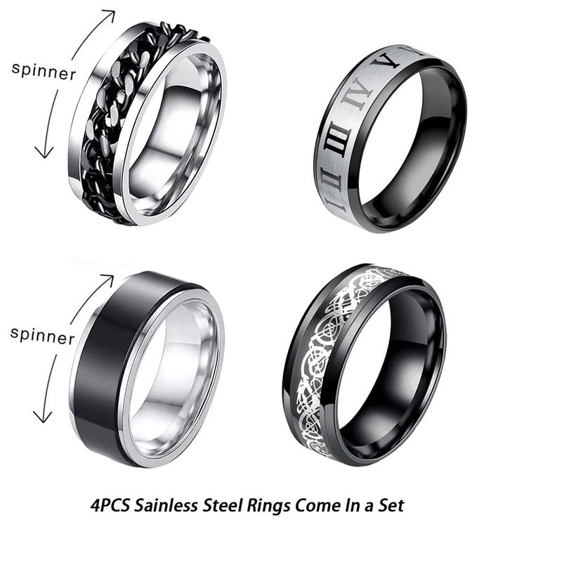 yfstyle 4PCS Plain Band Rings for Men Stainless Steel Rings for Men Wedding Ring Cool Spinner Rings for Men Black Stainless Steel Ring Set Anxiety Ring Fidget 2silver-10 - Image 2