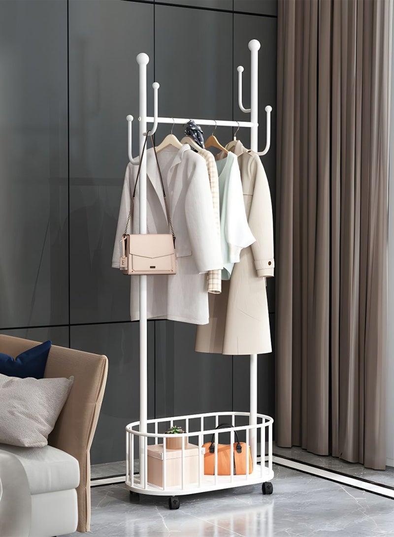 سحابة منظم ملابس ورف معاطف معدني مزود بسلة للاحذية او التخزين - رف ملابس ومعاطف مزود بعجلات لسهولة الحركة والنفل - 173X58X31.5سم - ابيض - Image 4