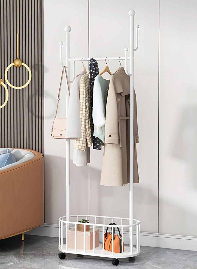 سحابة منظم ملابس ورف معاطف معدني مزود بسلة للاحذية او التخزين - رف ملابس ومعاطف مزود بعجلات لسهولة الحركة والنفل - 173X58X31.5سم - ابيض - Image 3