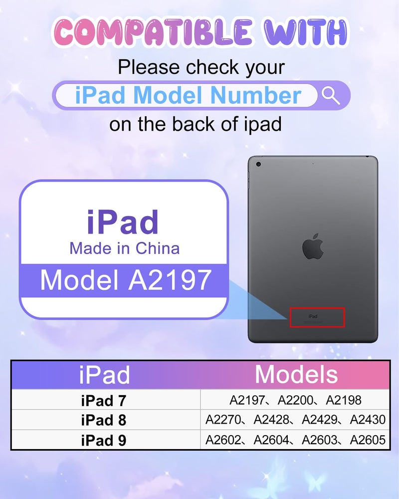 Kidcube for iPad 9th/8th/7th Generation Case 10.2 Inch - for Girls Cute Kawaii Girly 3D Purple Butterfly Design Cover with Rotating Stand & Strap Unique Silicone Women Teens for iPad 9th/8th/7th Case - Image 2
