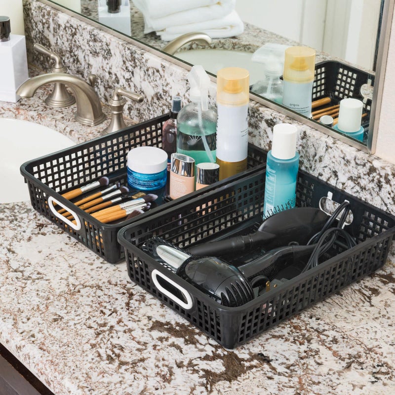 Really Good Stuff - 666019 Plastic Desktop Paper Storage Baskets for Classroom or Home Use - 14 x10  Plastic Mesh Baskets Keep Papers Crease-Free and Secure - Black Baskets with White Handles (Set of 4) - Image 2