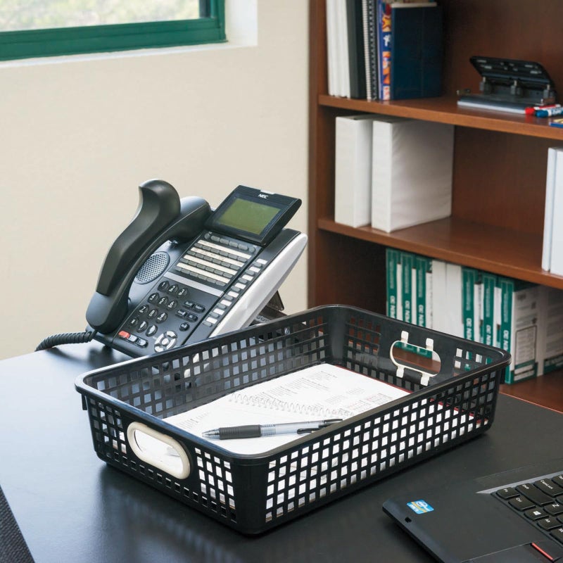 Really Good Stuff - 666019 Plastic Desktop Paper Storage Baskets for Classroom or Home Use - 14 x10  Plastic Mesh Baskets Keep Papers Crease-Free and Secure - Black Baskets with White Handles (Set of 4) - Image 4