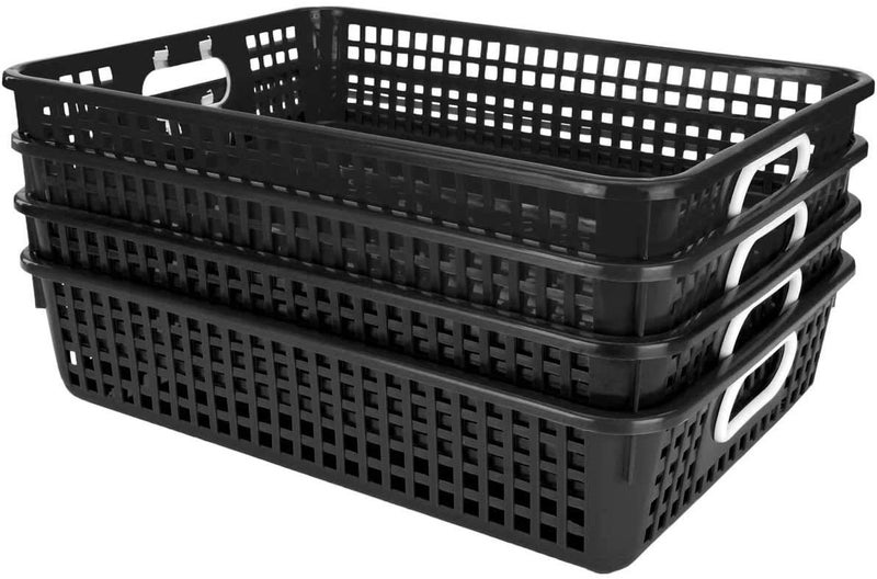 Really Good Stuff - 666019 Plastic Desktop Paper Storage Baskets for Classroom or Home Use - 14 x10  Plastic Mesh Baskets Keep Papers Crease-Free and Secure - Black Baskets with White Handles (Set of 4) - Image 1