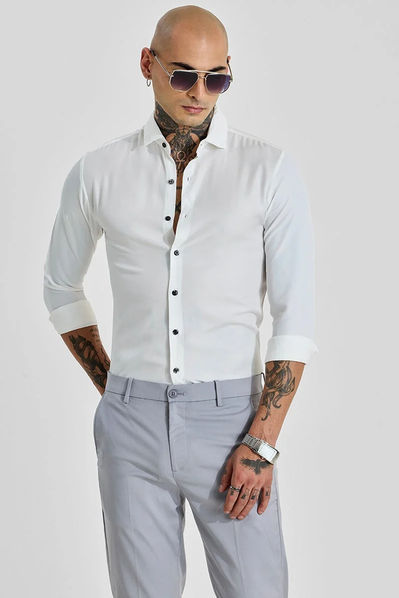 سنيتش Bright White Solid Long Sleeve Slim Fit Shirt