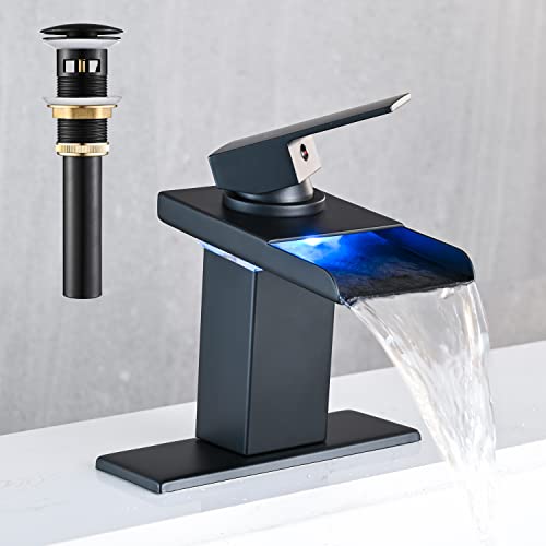 AVSIILE LED Bathroom Sink Faucet, Matte Black Waterfall Single Hole Handle Vanity Faucets for Sinks 1 Hole with Metal Pop Up Drain and 2 Water Supply Lines, Stainless Steel Spout - Image 1