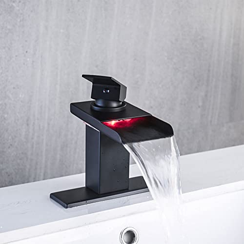 AVSIILE LED Bathroom Sink Faucet, Matte Black Waterfall Single Hole Handle Vanity Faucets for Sinks 1 Hole with Metal Pop Up Drain and 2 Water Supply Lines, Stainless Steel Spout - Image 2