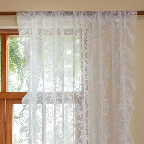 TUDECO White Lace Curtains 63 Inch Length - Victorian Sheer Voile Floral Curtains for Bedroom Nursery Elegant Ruffle Privacy Light Filtering 2 Panels Rod Pocket Window Decor, 59 x 63 Inch - Image 2