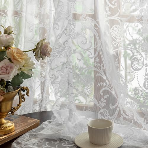 TUDECO White Lace Curtains 63 Inch Length - Victorian Sheer Voile Floral Curtains for Bedroom Nursery Elegant Ruffle Privacy Light Filtering 2 Panels Rod Pocket Window Decor, 59 x 63 Inch - Image 3