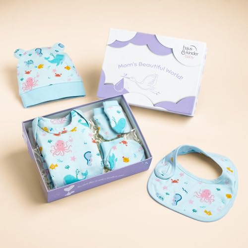 haus & kinder Newborn Gift Set - Pack Of 5, Baby Shower Essentials, Cute Baby Accessories, Unique Baby Shower Presents, Practical Baby Shower Gifts, Luxury Newborn Gift, Vitamin Sea - Blue - Image 1