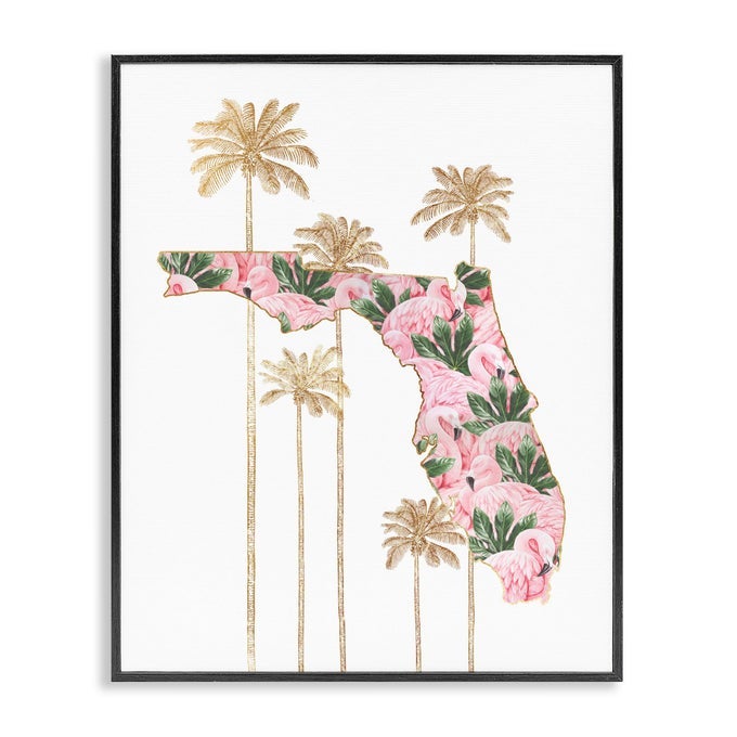FLAMINGO PRINT FLORIDA STATE WITH PALM TREES WALL ART 11X14 WHITE