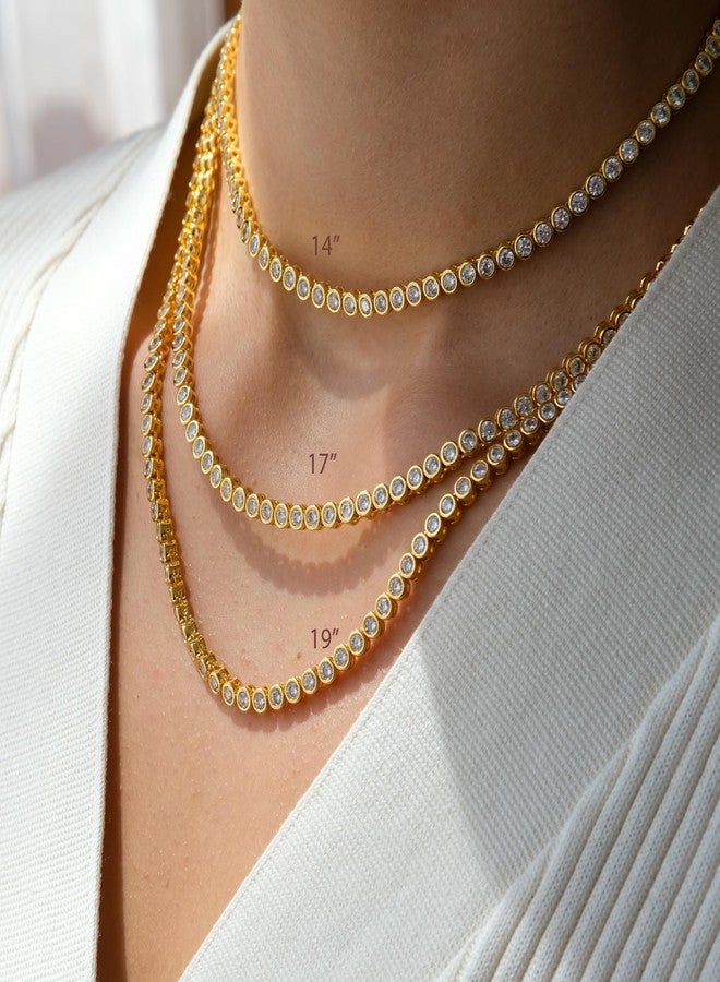 espere Round Bezel Tennis Necklace | 14K Yellow Gold Bezel Set CZ Chain Necklace 3 Carat | Classic Round-Cut Diamond Necklace CZ Tennis | Bridal Jewelry | Wedding Necklace | Bridal | Layering - Image 5