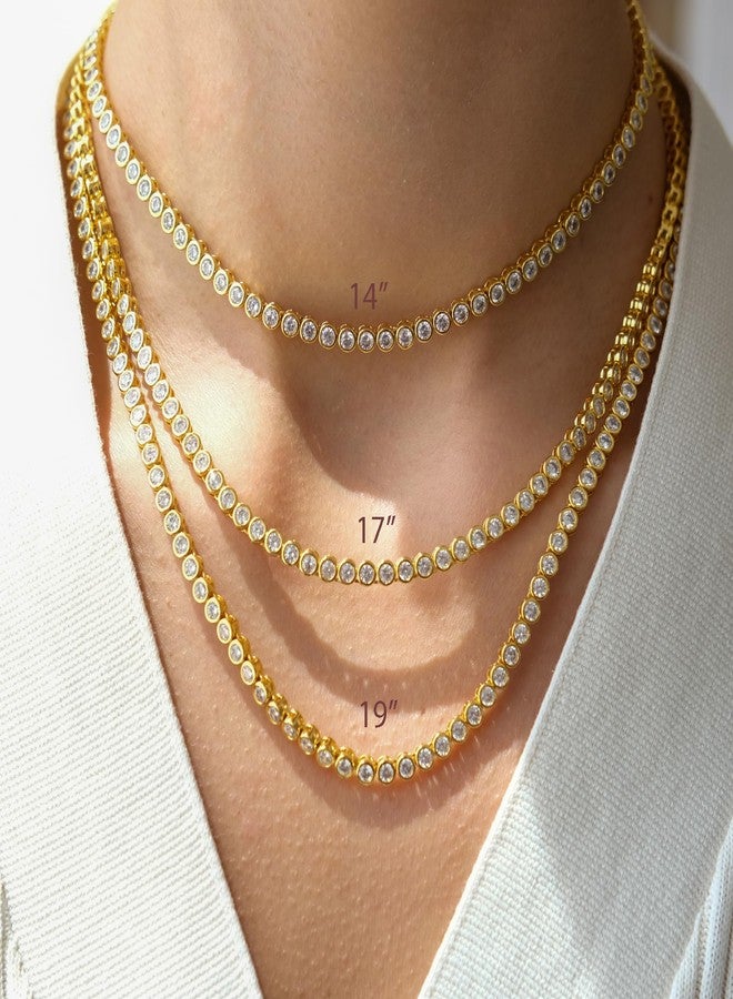 espere Round Bezel Tennis Necklace | 14K Yellow Gold Bezel Set CZ Chain Necklace 3 Carat | Classic Round-Cut Diamond Necklace CZ Tennis | Bridal Jewelry | Wedding Necklace | Bridal | Layering - Image 4