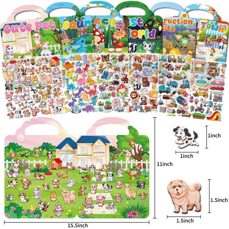 Kalysky 6 Set Reusable Sticker Books for Toddlers 1-3 2-4, Kids 3D Puffy Stickers (Dinosaurs, Forest, Town, Pets, Construction, Insects), Sticker Activity Books - Image 2