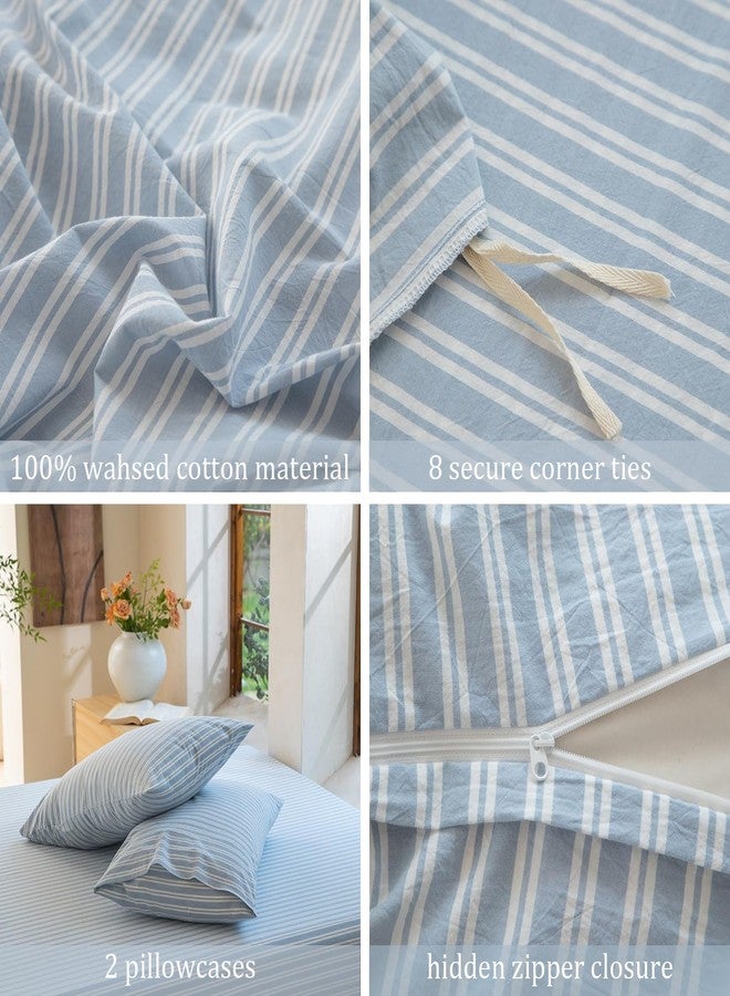 BESTDESIL Luxury 100% Washed Cotton Linen Like Duvet Cover Set,3 Pcs Striped Duvet Cover with Zipper Closure(Strip-Cornflower Blue/White,King) - Image 5