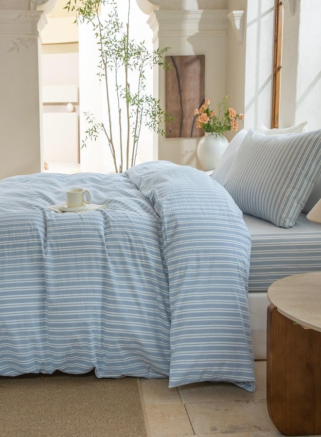 BESTDESIL Luxury 100% Washed Cotton Linen Like Duvet Cover Set,3 Pcs Striped Duvet Cover with Zipper Closure(Strip-Cornflower Blue/White,King) - Image 4