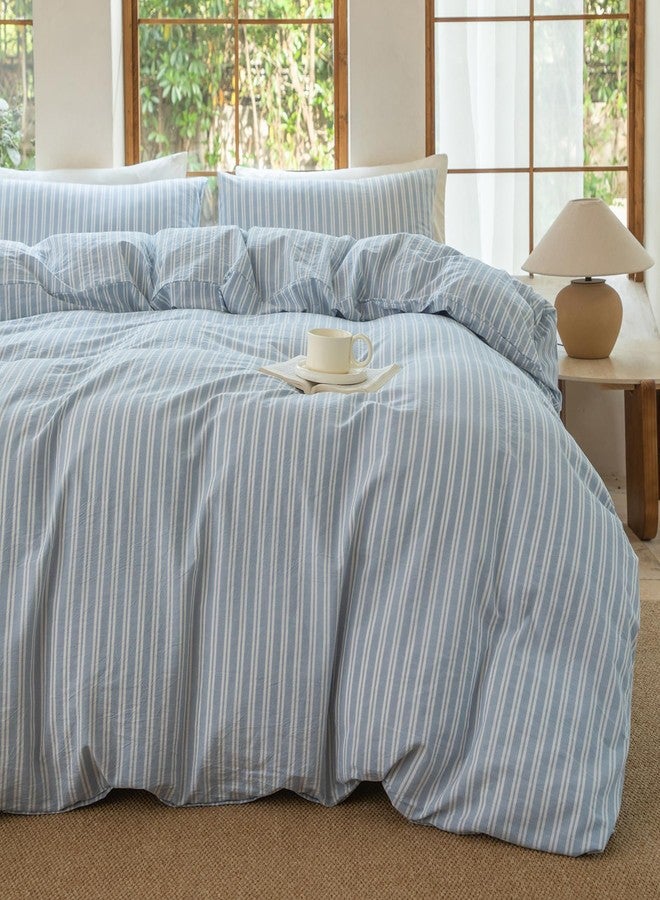 BESTDESIL Luxury 100% Washed Cotton Linen Like Duvet Cover Set,3 Pcs Striped Duvet Cover with Zipper Closure(Strip-Cornflower Blue/White,King) - Image 1