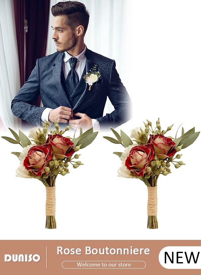 DUNISO 2PCS Rose Boutonniere, Bride Bridesmaid Corsage, Rose Artificial Flower, Wedding Faux Bouquet, Artificial Rose for Groom Bride Suit Dress Banquet Party Decor  - Image 1
