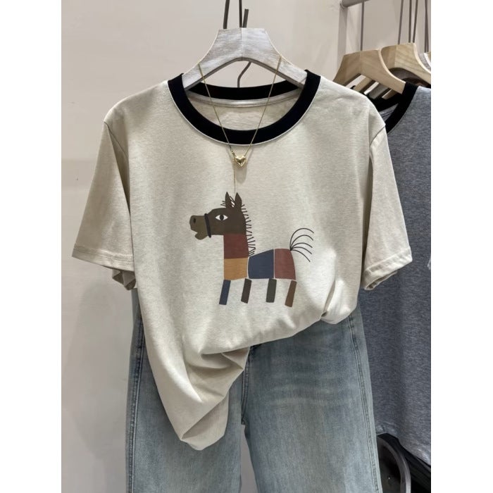 Cartoon Pony Print Pure Cotton Short-Sleeved T-Shirt for Women 2025 Summer New Breathable Contrasting Color Loose Age-Reducing Top - Image 1