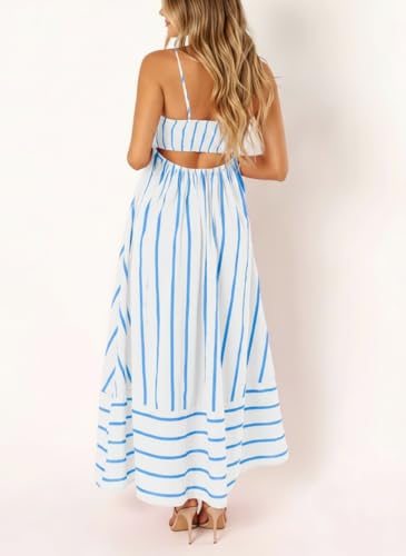 yoeasy Women's Striped Spaghetti Strap Cutout Maxi Dress Sleeveless Backless Flowy Swing Long Dress (X-Large, Wide Blue White) - Image 2