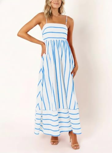 yoeasy Women's Striped Spaghetti Strap Cutout Maxi Dress Sleeveless Backless Flowy Swing Long Dress (X-Large, Wide Blue White) - Image 3