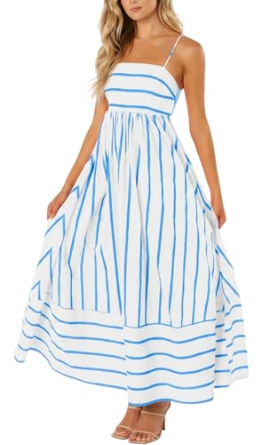 yoeasy Women's Striped Spaghetti Strap Cutout Maxi Dress Sleeveless Backless Flowy Swing Long Dress (X-Large, Wide Blue White) - Image 1